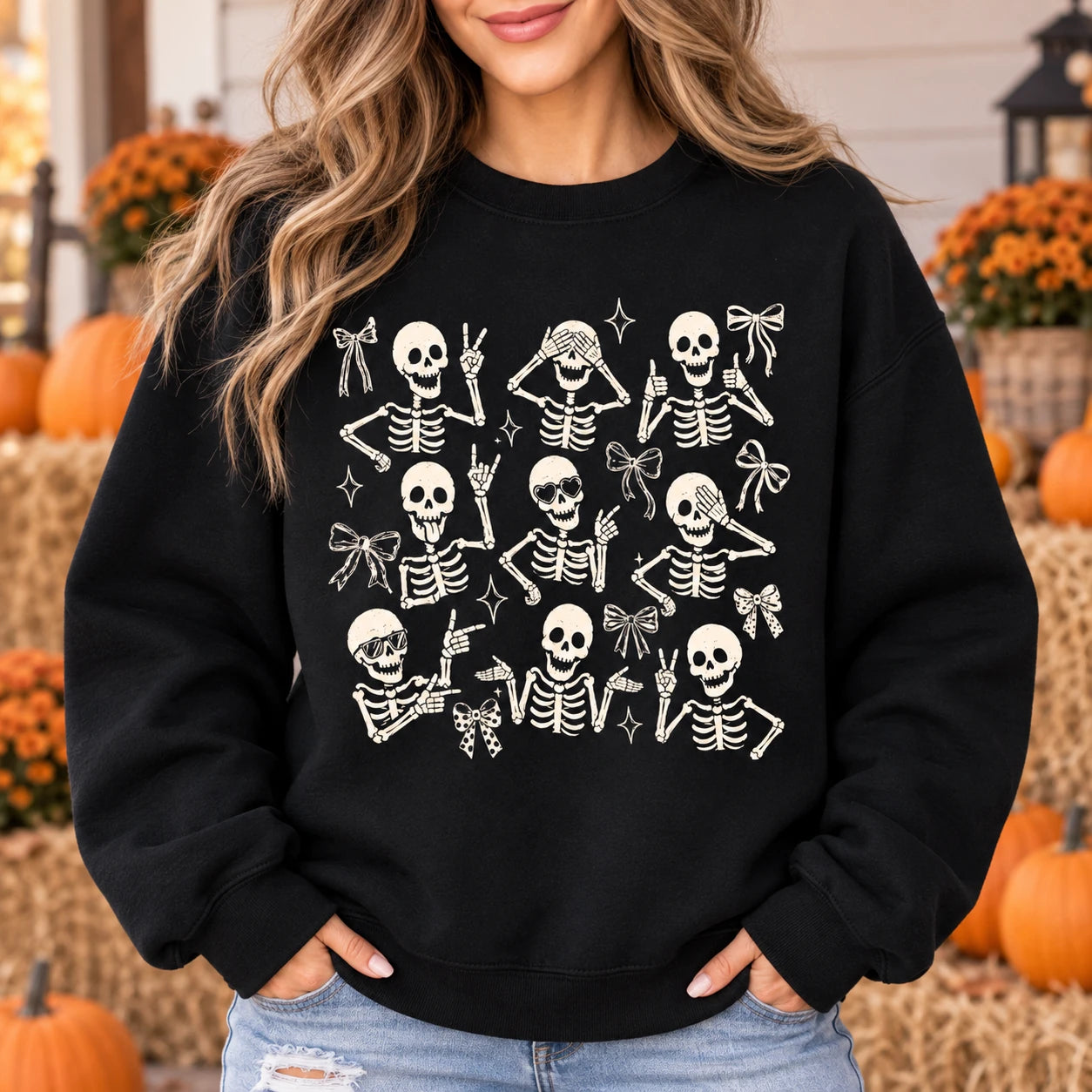 Cute Skeleton Coquette Sweatshirt, Funny Dancing Skeleton, Spooky Season Bow Graphic Gift for Women