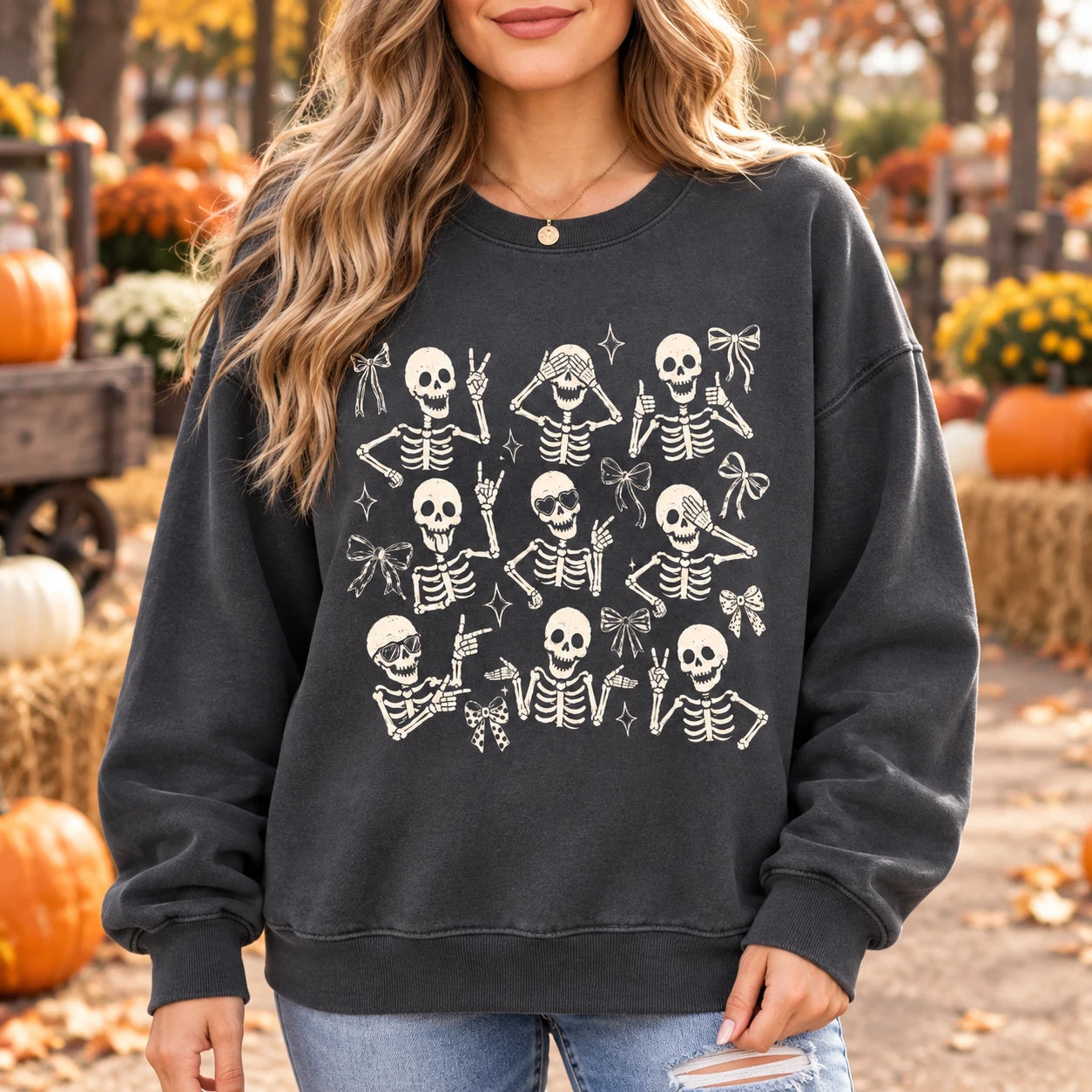 Cute Skeleton Coquette Sweatshirt, Funny Dancing Skeleton, Spooky Season Bow Graphic Gift for Women