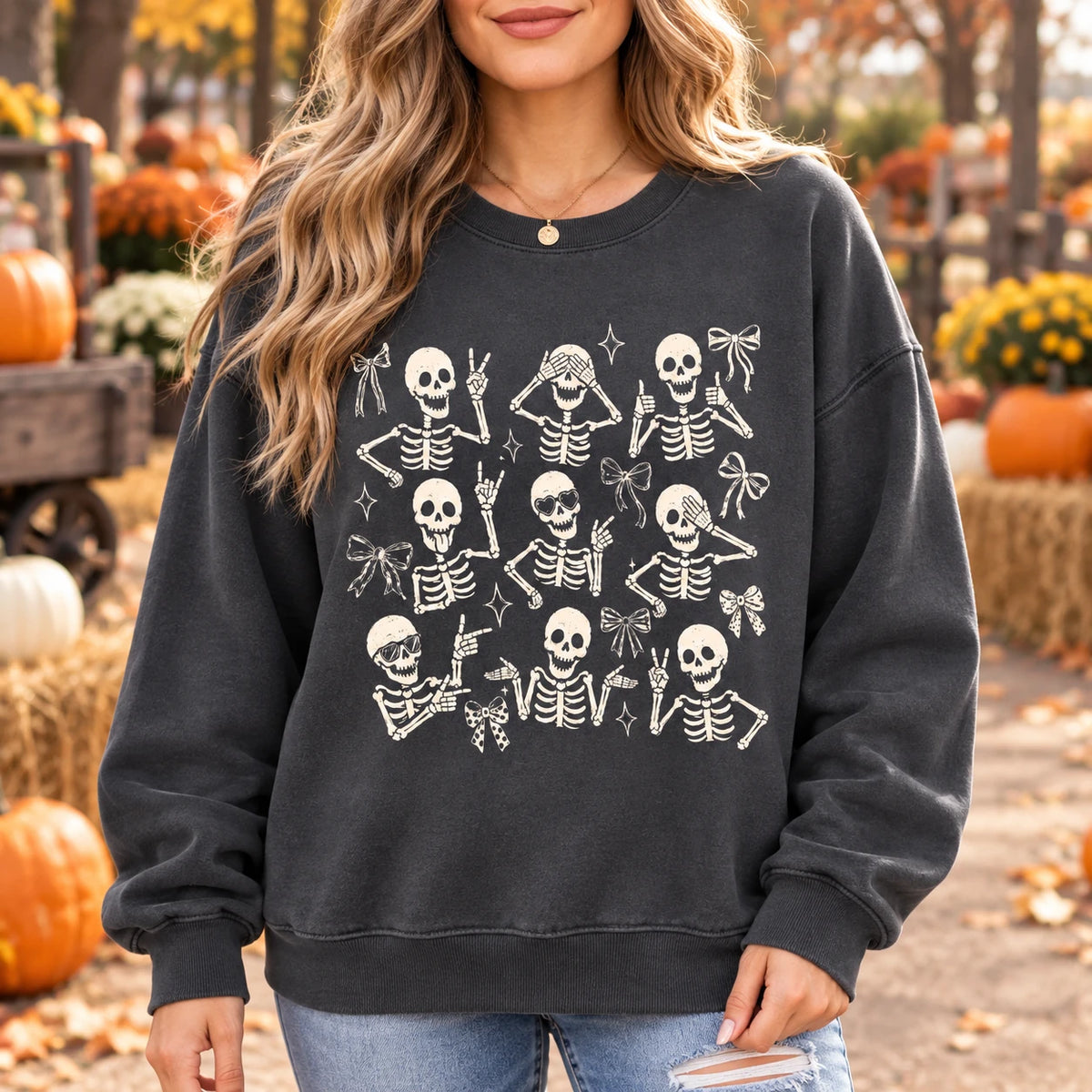 Cute Skeleton Coquette Sweatshirt, Funny Dancing Skeleton, Spooky Season Bow Graphic Gift for Women