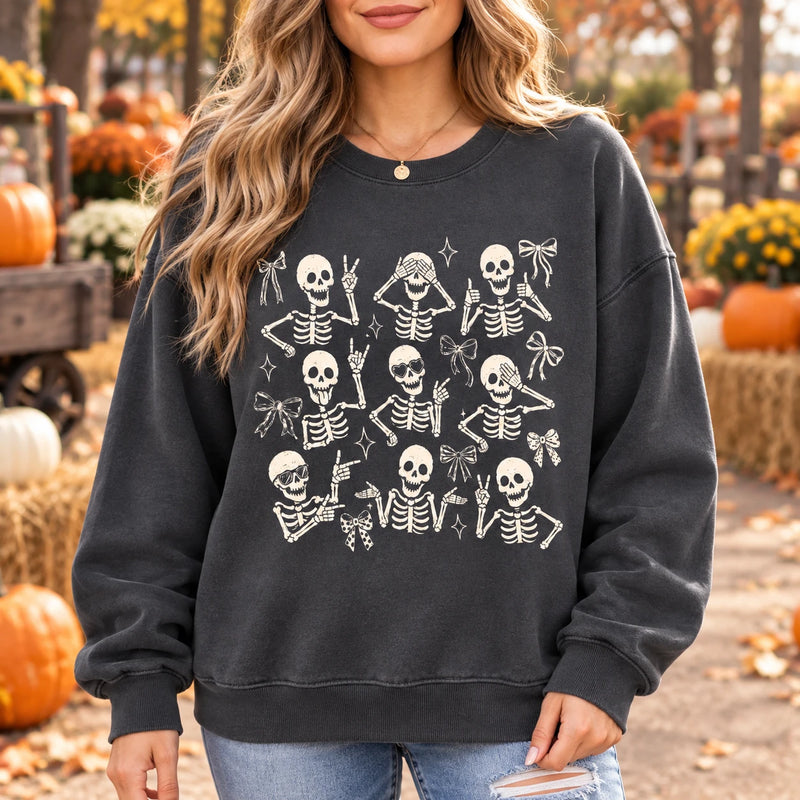 Cute Skeleton Coquette Sweatshirt, Funny Dancing Skeleton, Spooky Season Bow Graphic Gift for Women