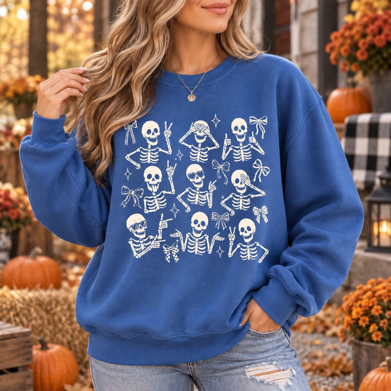 Cute Skeleton Coquette Sweatshirt, Funny Dancing Skeleton, Spooky Season Bow Graphic Gift for Women
