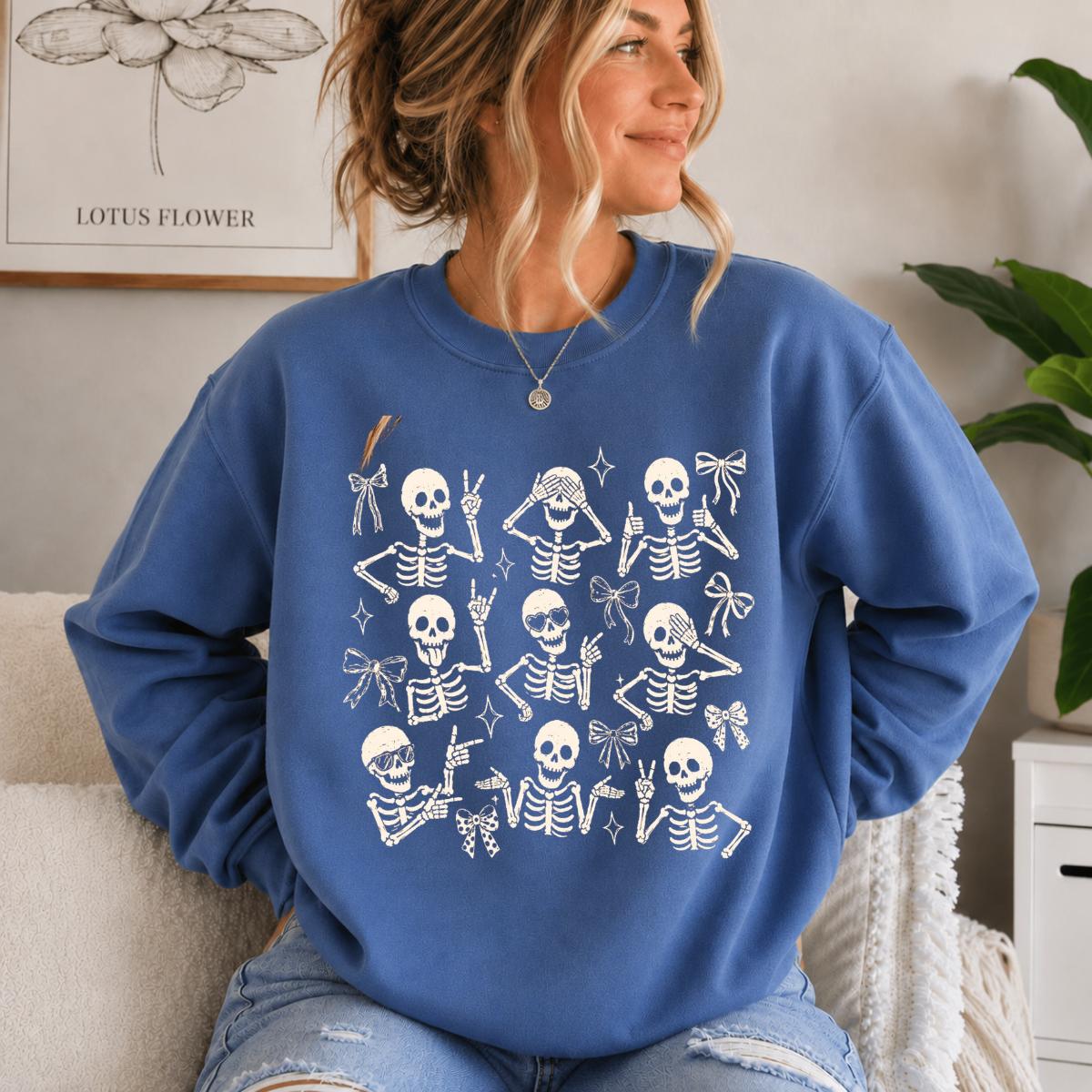 Cute Skeleton Coquette Sweatshirt, Funny Dancing Skeleton, Spooky Season Bow Graphic Gift for Women