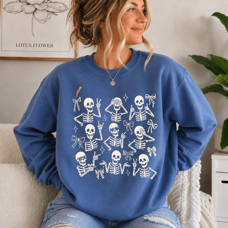 Cute Skeleton Coquette Sweatshirt, Funny Dancing Skeleton, Spooky Season Bow Graphic Gift for Women