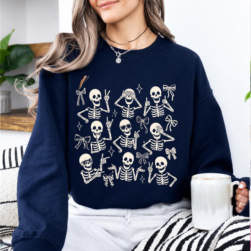 Cute Skeleton Coquette Sweatshirt, Funny Dancing Skeleton, Spooky Season Bow Graphic Gift for Women
