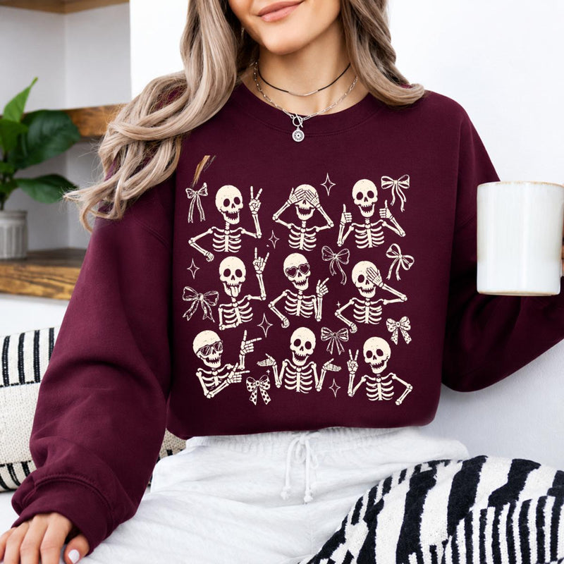 Cute Skeleton Coquette Sweatshirt, Funny Dancing Skeleton, Spooky Season Bow Graphic Gift for Women