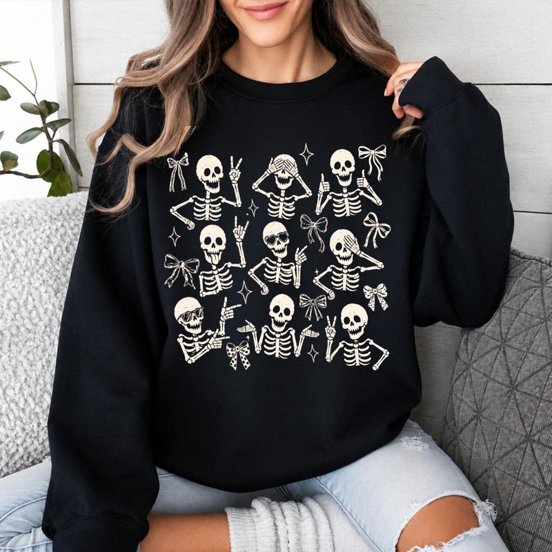 Cute Skeleton Coquette Sweatshirt, Funny Dancing Skeleton, Spooky Season Bow Graphic Gift for Women