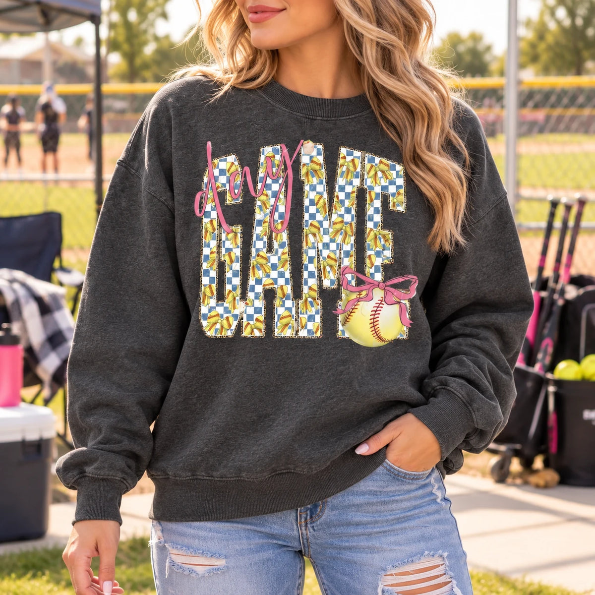 Cute Softball Mom Game Day Play Ball Sweatshirt Bow Sports Season