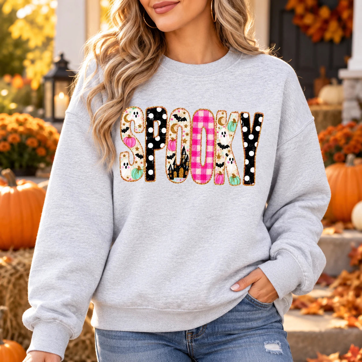 Cute Spooky Halloween Sweatshirt Women Ghost Pumpkin Plaid Leopard SPOOKY Graphic