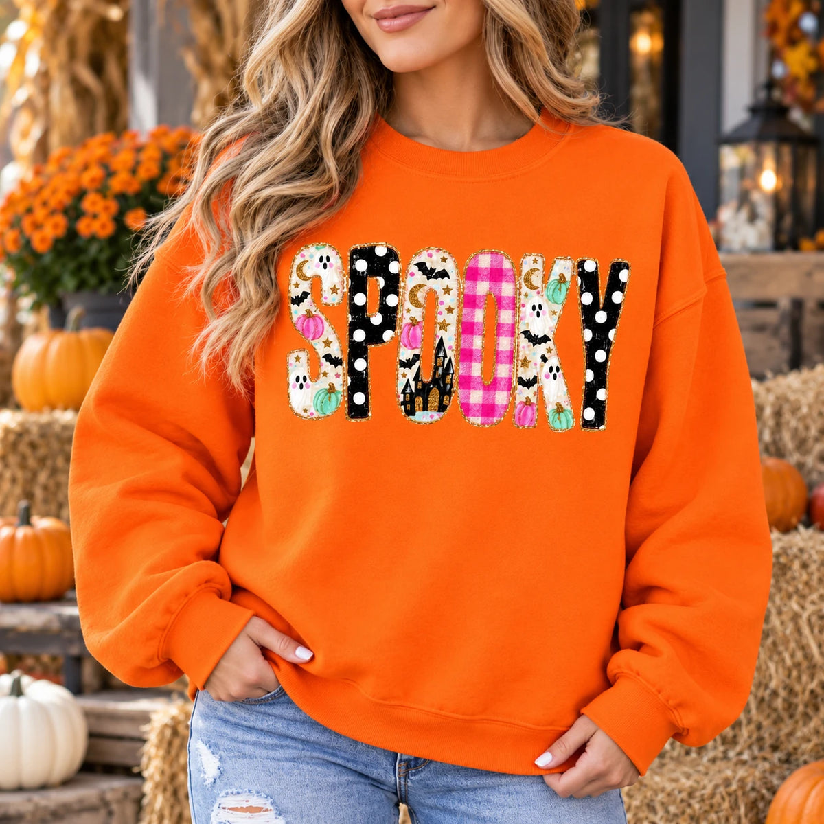 Cute Spooky Halloween Sweatshirt Women Ghost Pumpkin Plaid Leopard SPOOKY Graphic