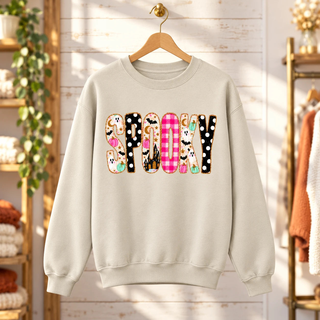 Cute Spooky Halloween Sweatshirt Women Ghost Pumpkin Plaid Leopard SPOOKY Graphic