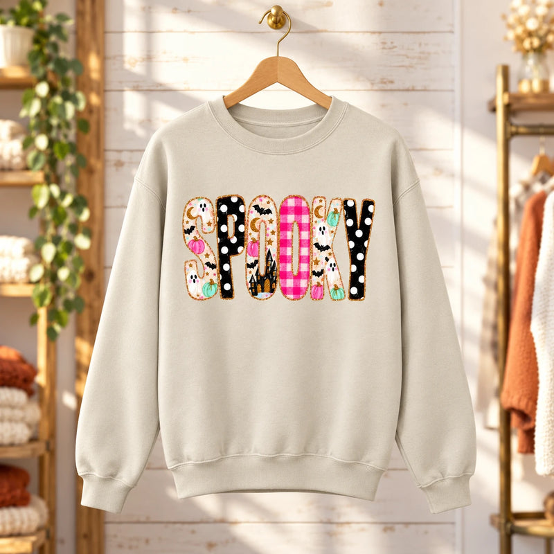 Cute Spooky Halloween Sweatshirt Women Ghost Pumpkin Plaid Leopard SPOOKY Graphic