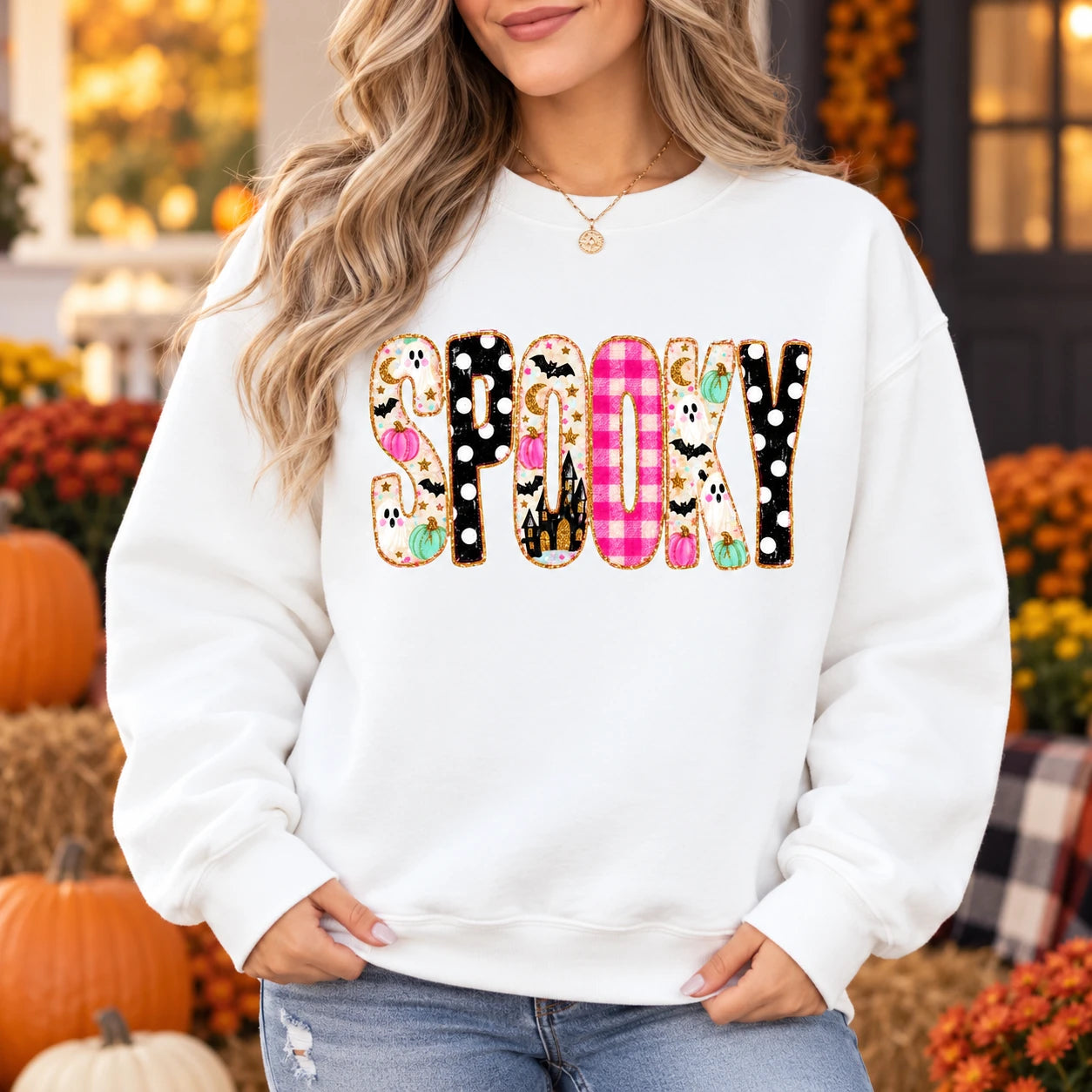 Cute Spooky Halloween Sweatshirt Women Ghost Pumpkin Plaid Leopard SPOOKY Graphic
