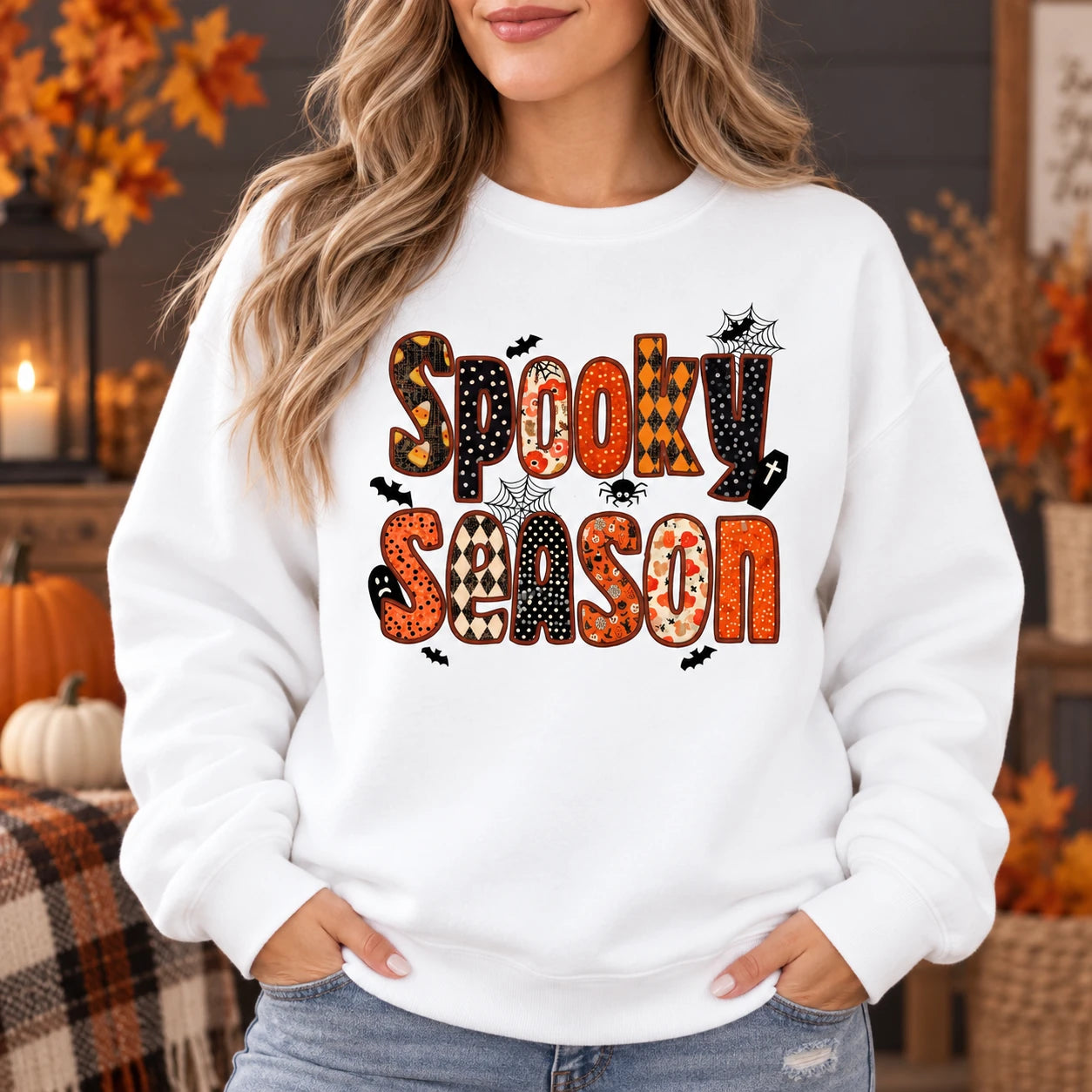 Cute Spooky Season Apparel Halloween Patchwork Graphic Tee for Women