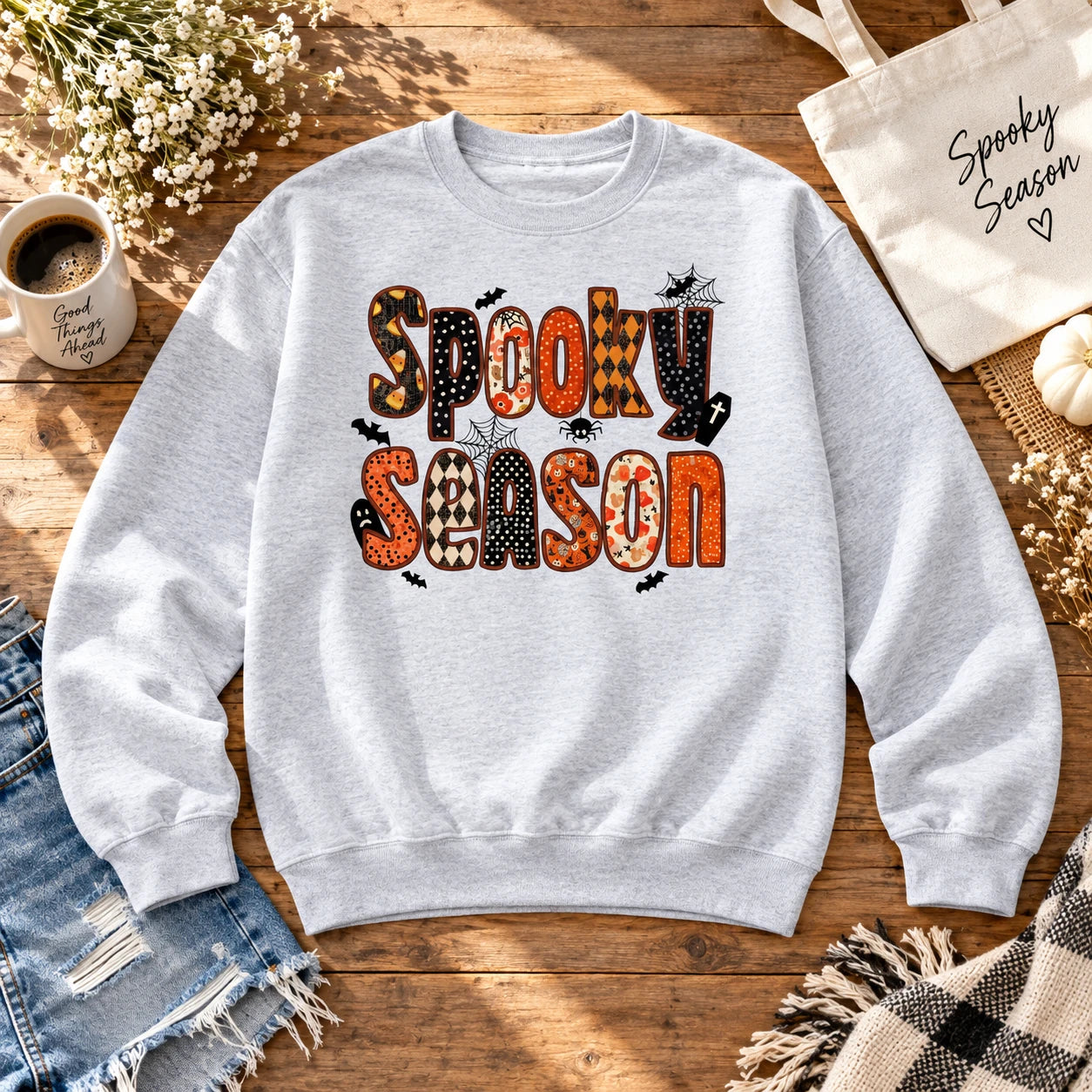 Cute Spooky Season Apparel Halloween Patchwork Graphic Tee for Women