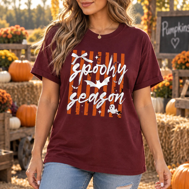 Cute Spooky Season T-Shirt for Women, Retro Orange Striped Graphic Tee with Ghost and Bat, Fall Halloween Top