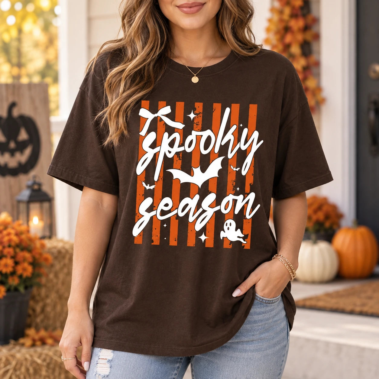 Cute Spooky Season T-Shirt for Women, Retro Orange Striped Graphic Tee with Ghost and Bat, Fall Halloween Top