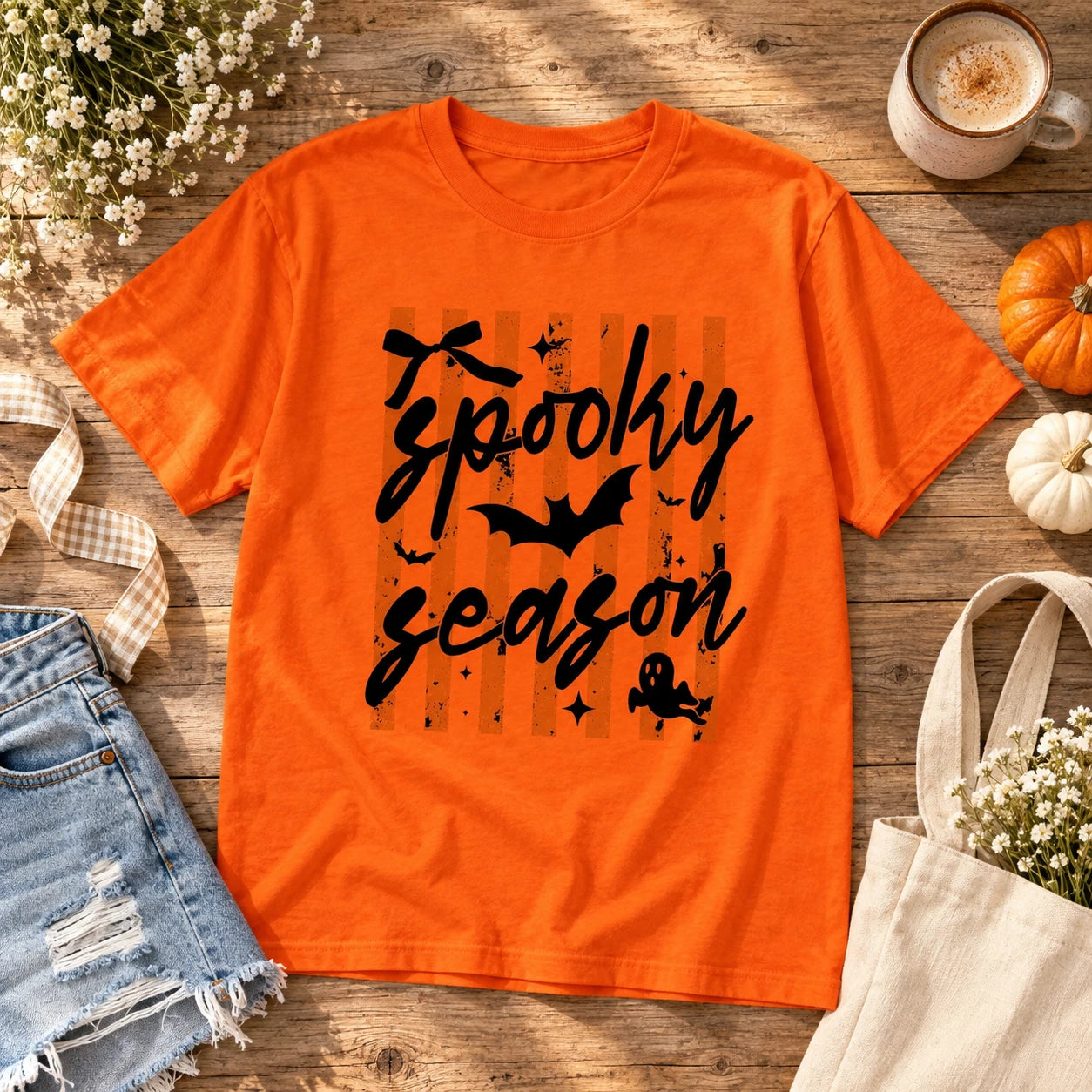 Cute Spooky Season T-Shirt for Women, Retro Orange Striped Graphic Tee with Ghost and Bat, Fall Halloween Top