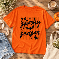 Cute Spooky Season T-Shirt for Women, Retro Orange Striped Graphic Tee with Ghost and Bat, Fall Halloween Top