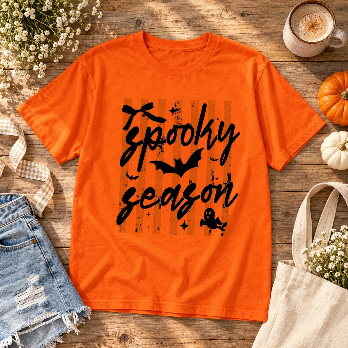Cute Spooky Season T-Shirt for Women, Retro Orange Striped Graphic Tee with Ghost and Bat, Fall Halloween Top