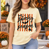 Cute Spooky Season T-Shirt for Women, Retro Orange Striped Graphic Tee with Ghost and Bat, Fall Halloween Top