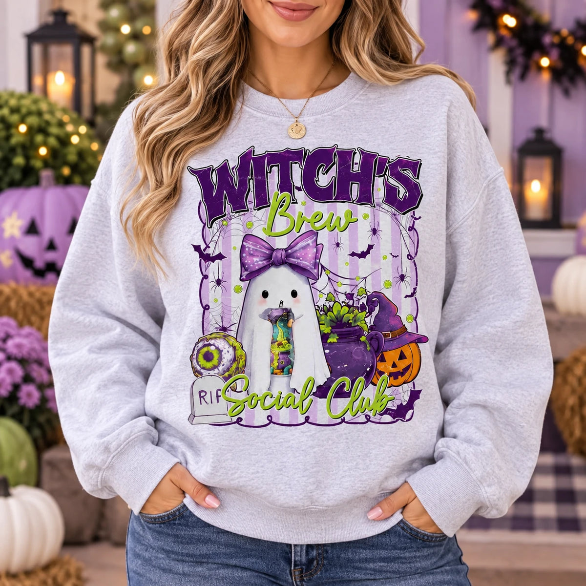 Cute Witch's Brew Social Club Graphic Sweatshirt Retro Ghost Pumpkin Halloween Pullover for Women