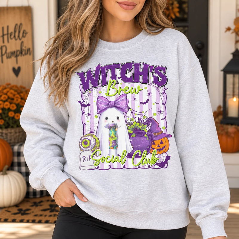 Cute Witch's Brew Social Club Graphic Sweatshirt Retro Ghost Pumpkin Halloween Pullover for Women