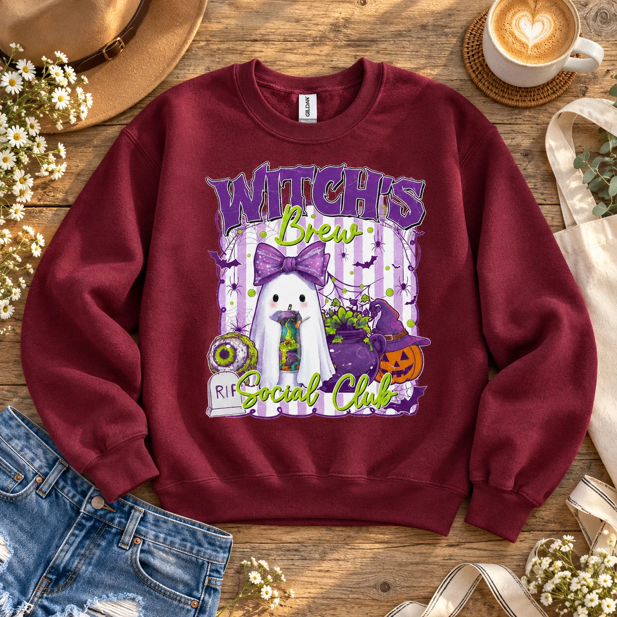 Cute Witch's Brew Social Club Graphic Sweatshirt Retro Ghost Pumpkin Halloween Pullover for Women