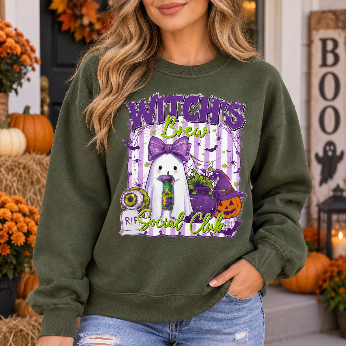 Cute Witch's Brew Social Club Graphic Sweatshirt Retro Ghost Pumpkin Halloween Pullover for Women