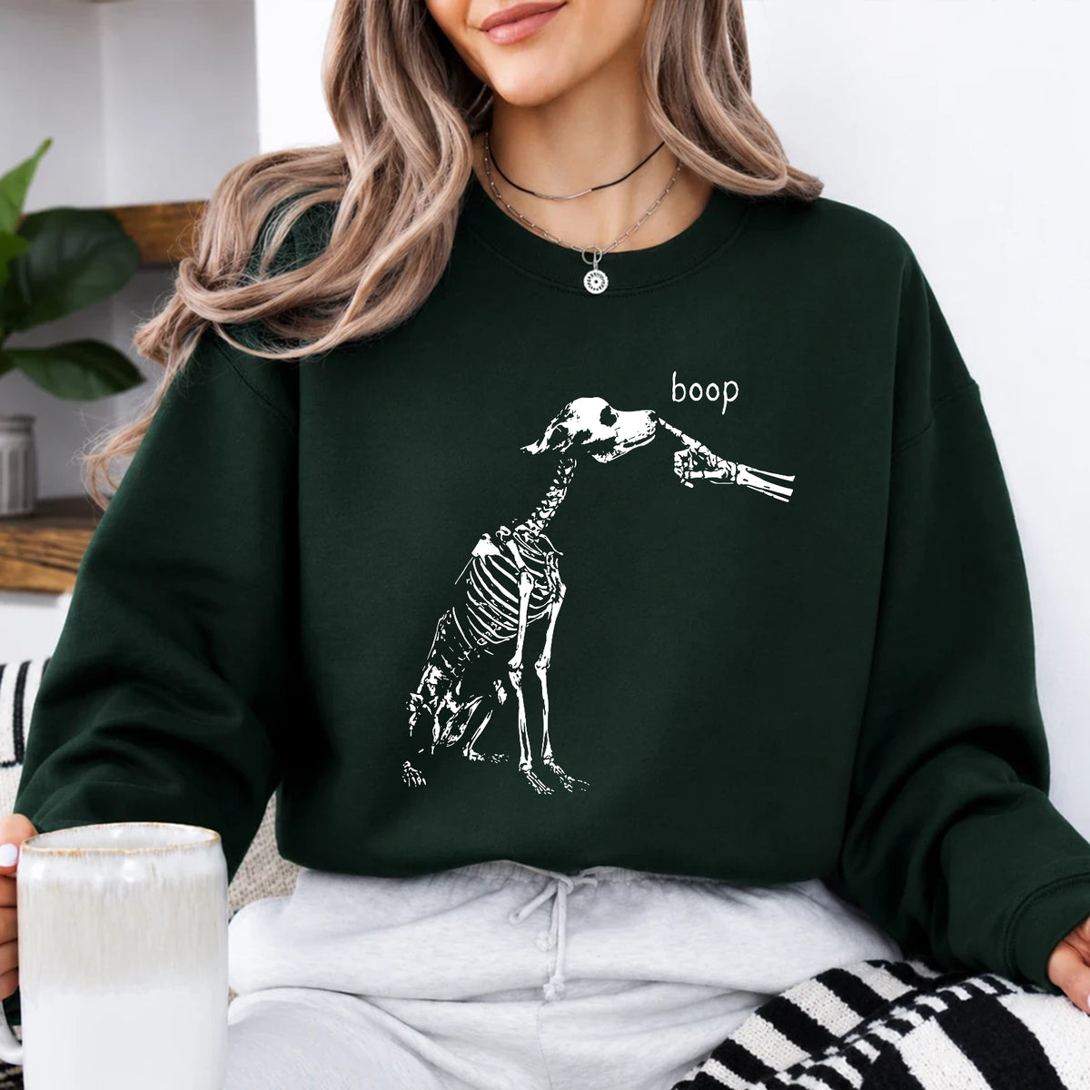 Dog Lover Halloween Sweatshirt, Boop Skeleton Dog, Spooky Pet Lover, Women Minimalist