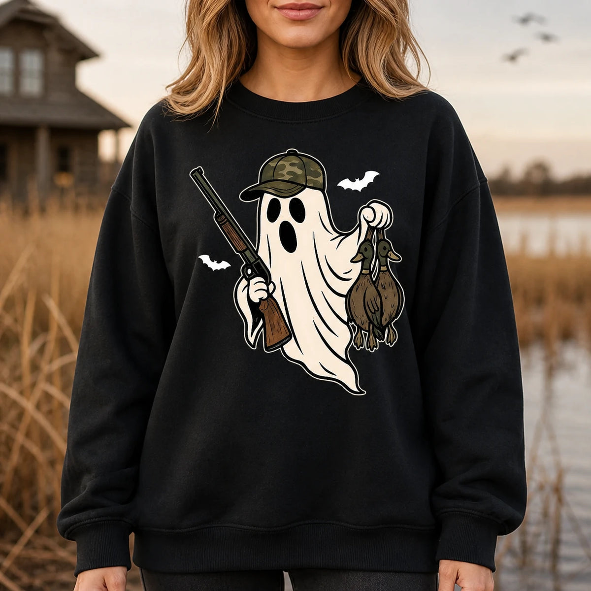 Duck Hunting Ghost Halloween Sweatshirt for Women, Camo Ghost Hunter Spooky Outdoors Pullover