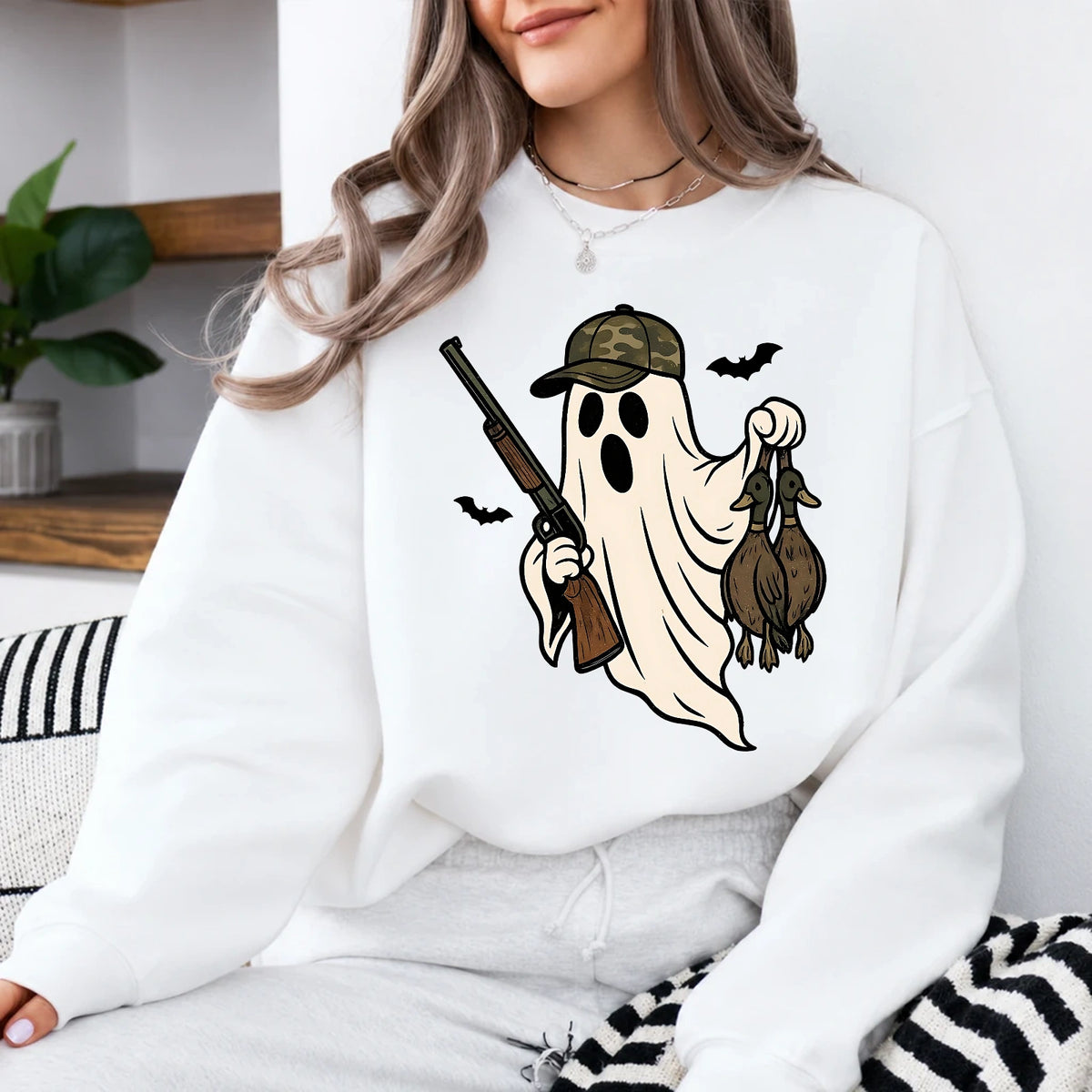 Duck Hunting Ghost Halloween Sweatshirt for Women, Camo Ghost Hunter Spooky Outdoors Pullover
