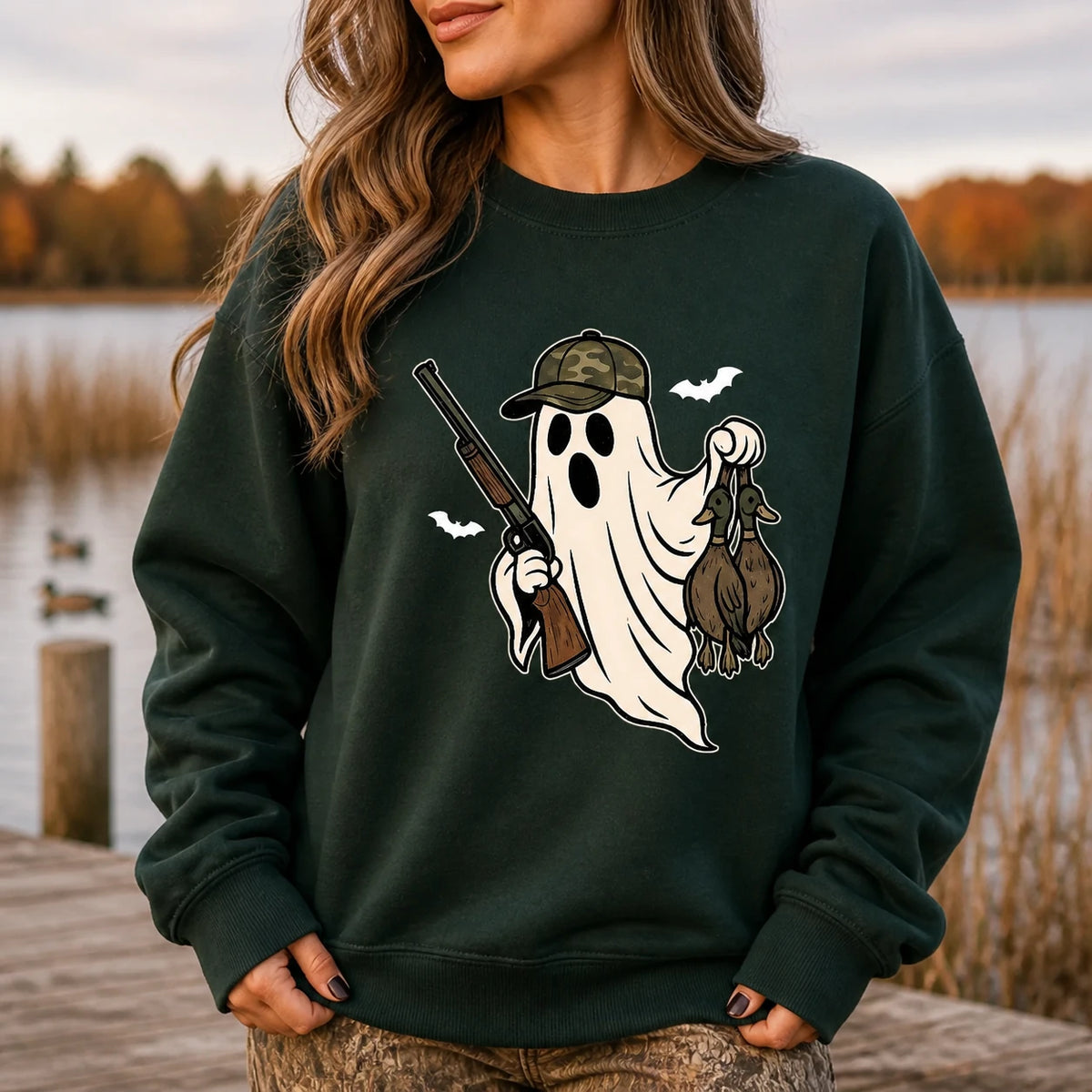 Duck Hunting Ghost Halloween Sweatshirt for Women, Camo Ghost Hunter Spooky Outdoors Pullover
