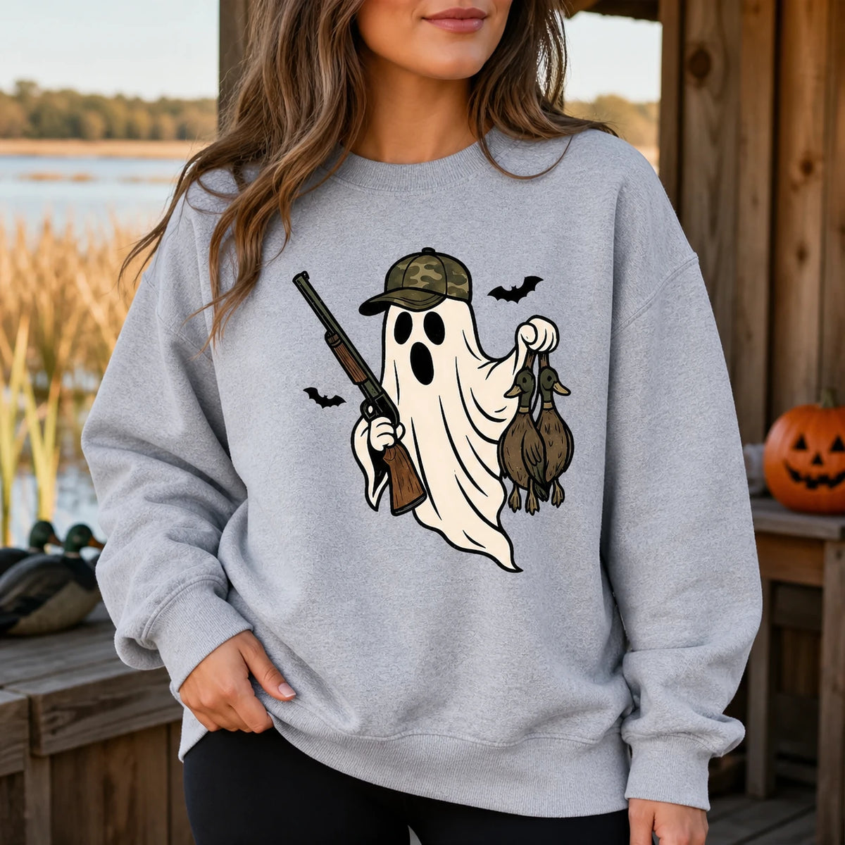 Duck Hunting Ghost Halloween Sweatshirt for Women, Camo Ghost Hunter Spooky Outdoors Pullover