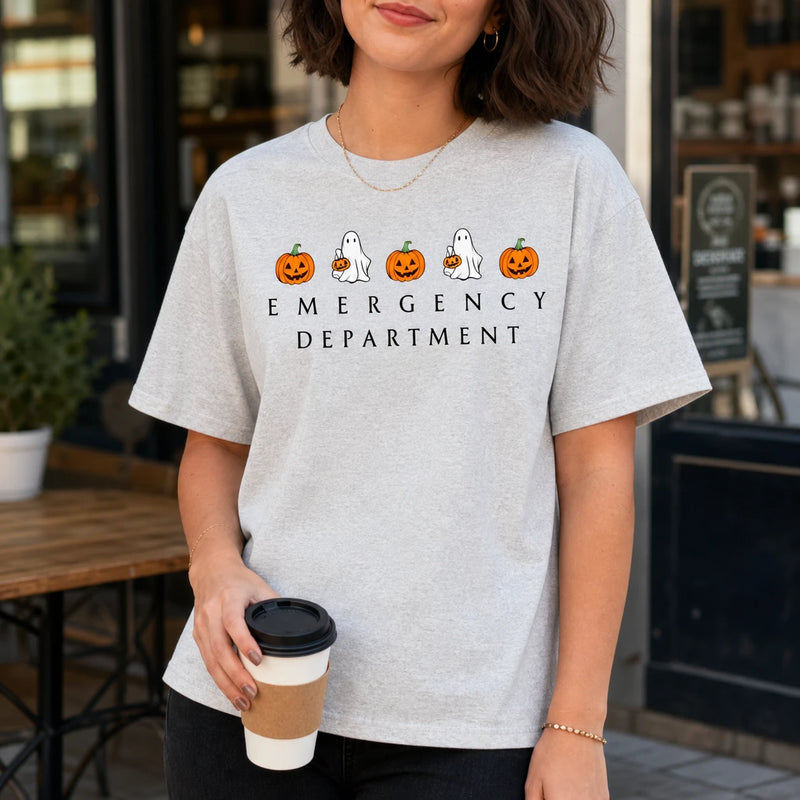 Emergency Department Ghost Halloween Shirt for ER Nurse RN CNA Healthcare Workers Cute Spooky Design