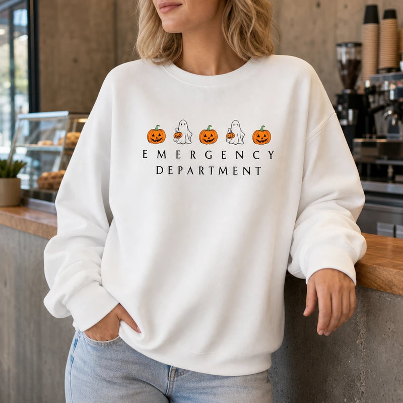 Emergency Department Ghost Halloween Shirt for ER Nurse RN CNA Healthcare Workers Cute Spooky Design