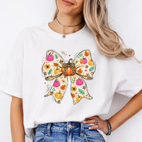 Fall Bow Sweatshirt and T-Shirt Pumpkin Floral Bow Thanksgiving Women Cute Coquette Autumn Design