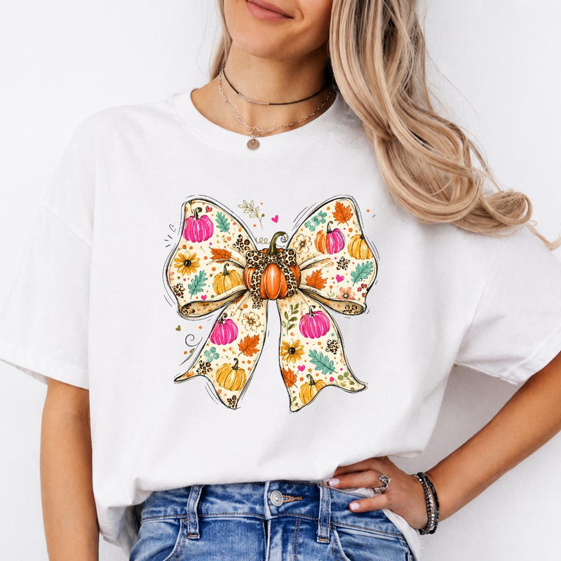 Fall Bow Sweatshirt and T-Shirt Pumpkin Floral Bow Thanksgiving Women Cute Coquette Autumn Design