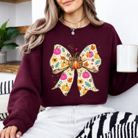 Fall Bow Sweatshirt and T-Shirt Pumpkin Floral Bow Thanksgiving Women Cute Coquette Autumn Design
