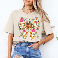 Fall Bow Sweatshirt and T-Shirt Pumpkin Floral Bow Thanksgiving Women Cute Coquette Autumn Design