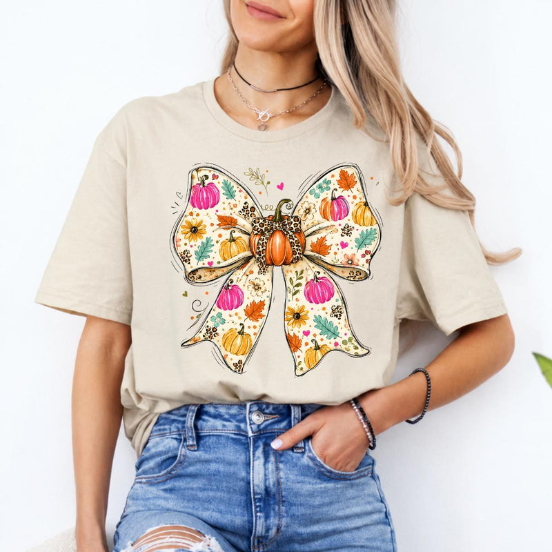 Fall Bow Sweatshirt and T-Shirt Pumpkin Floral Bow Thanksgiving Women Cute Coquette Autumn Design
