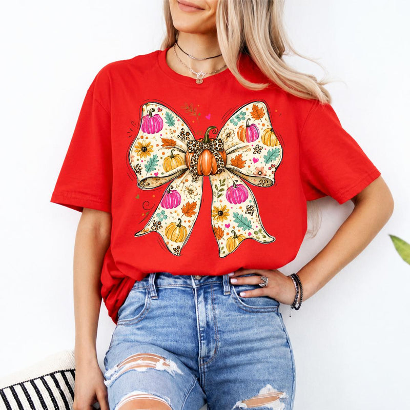 Fall Bow Sweatshirt and T-Shirt Pumpkin Floral Bow Thanksgiving Women Cute Coquette Autumn Design