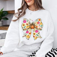 Fall Bow Sweatshirt and T-Shirt Pumpkin Floral Bow Thanksgiving Women Cute Coquette Autumn Design