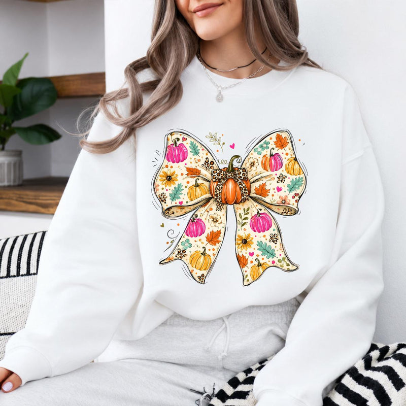 Fall Bow Sweatshirt and T-Shirt Pumpkin Floral Bow Thanksgiving Women Cute Coquette Autumn Design