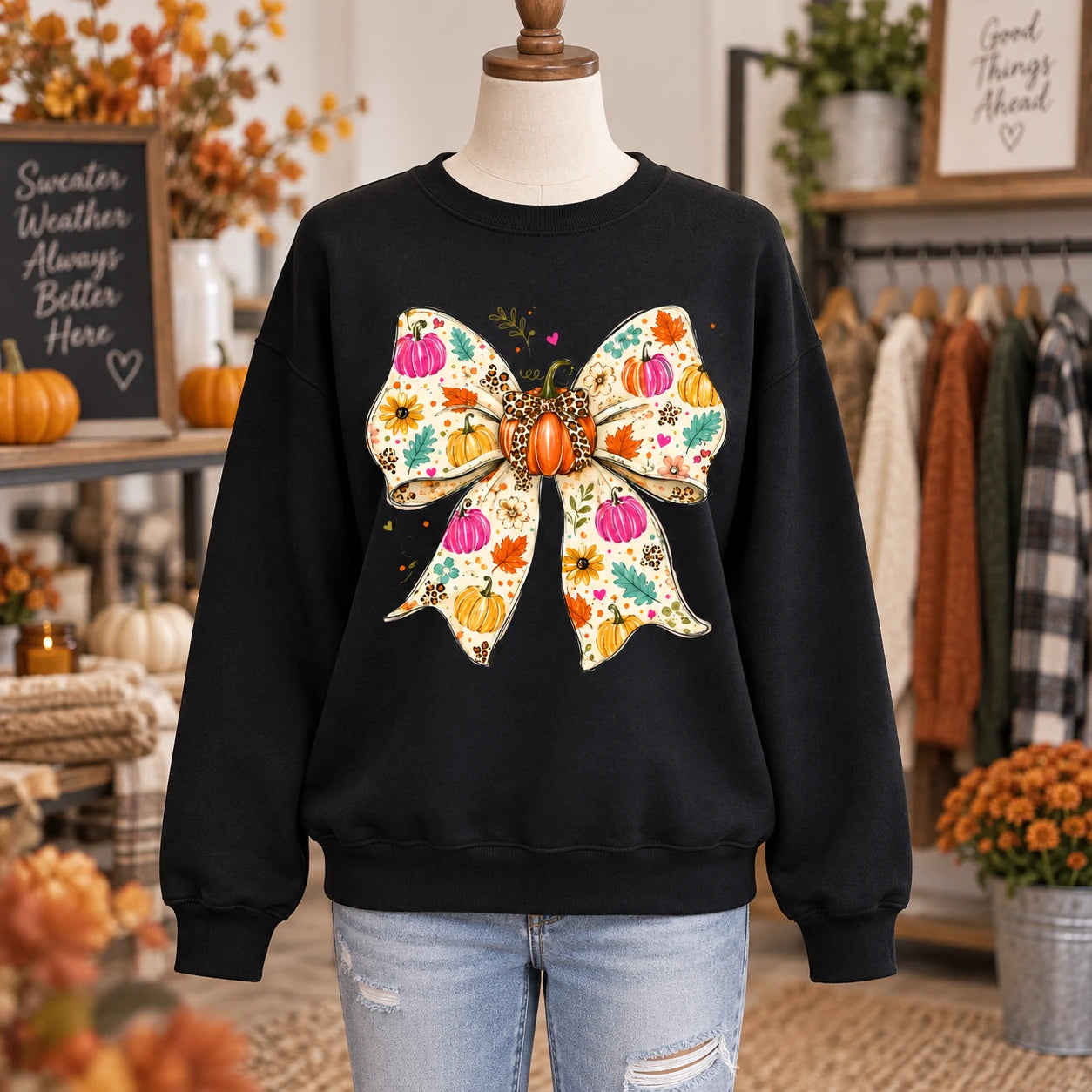 Fall Bow Sweatshirt and T-Shirt Pumpkin Floral Bow Cute Coquette Autumn Shirt for Women