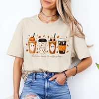 Fall Coffee Sweatshirt and T-Shirt, Pumpkin Spice Ghost Graphic Tee, Autumn Leaves Coffee Shirt, Cute Halloween Coffee Lover Shirt, Cozy Fall Season Gift for Women