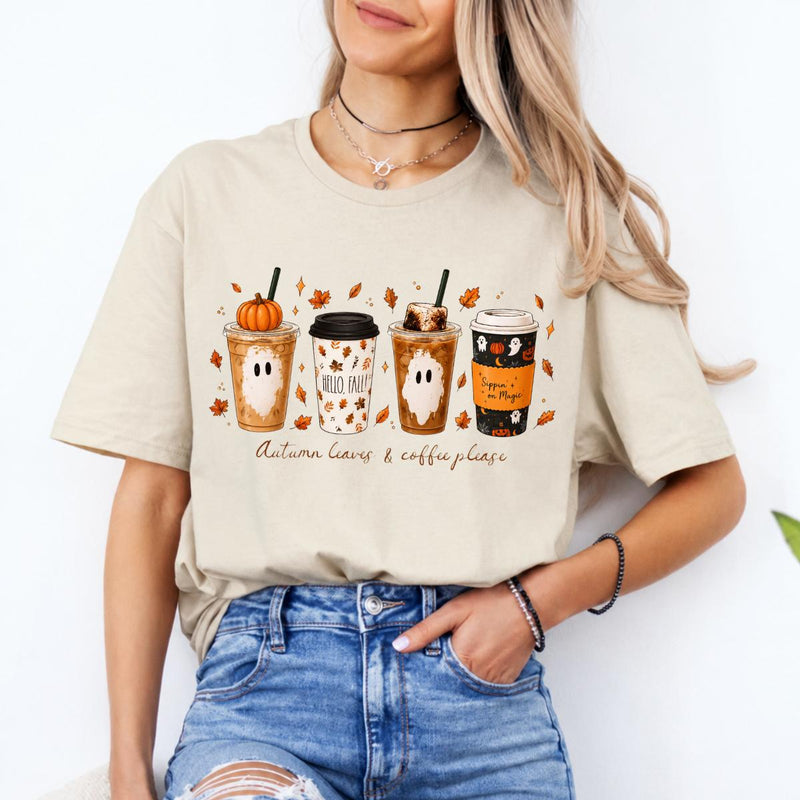 Fall Coffee Sweatshirt and T-Shirt, Pumpkin Spice Ghost Graphic Tee, Autumn Leaves Coffee Shirt, Cute Halloween Coffee Lover Shirt, Cozy Fall Season Gift for Women