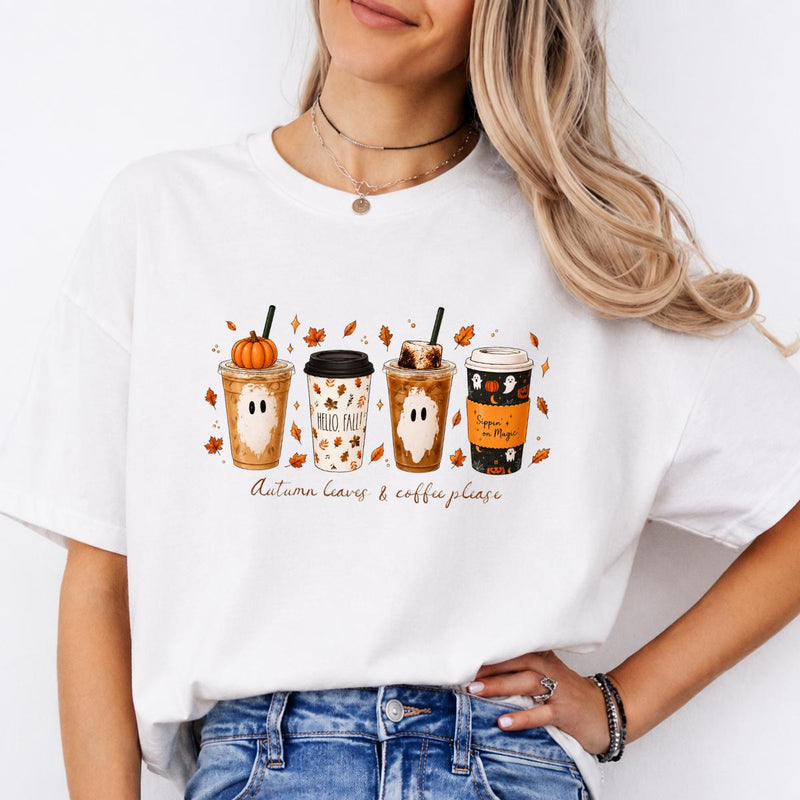 Fall Coffee Sweatshirt and T-Shirt, Pumpkin Spice Ghost Graphic Tee, Autumn Leaves Coffee Shirt, Cute Halloween Coffee Lover Shirt, Cozy Fall Season Gift for Women