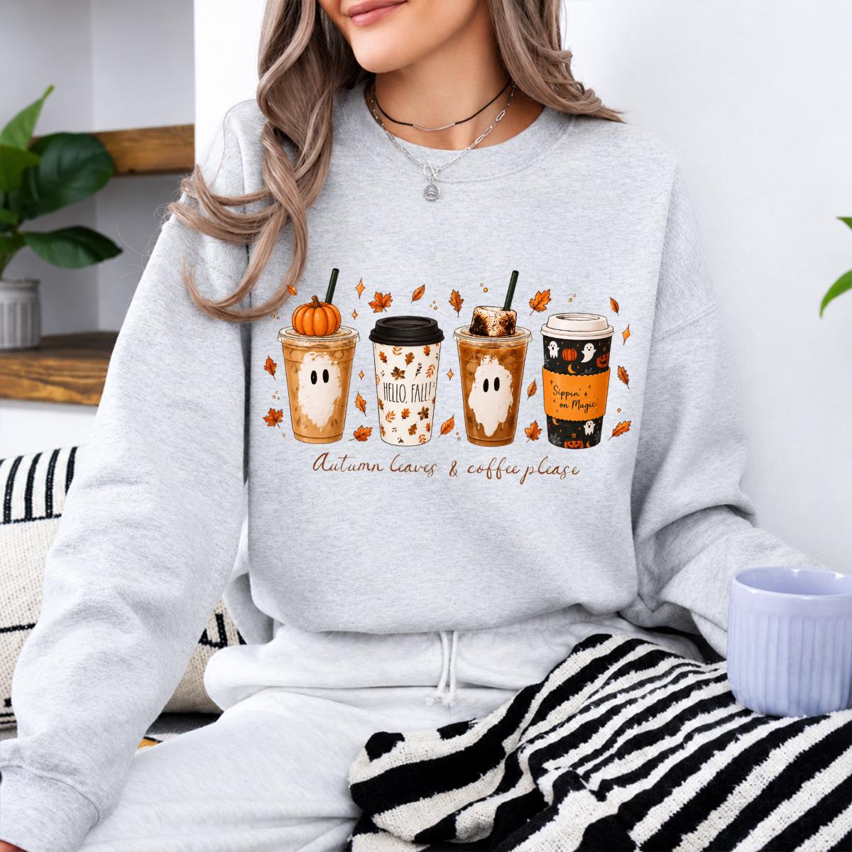 Fall Coffee Sweatshirt and T-Shirt, Pumpkin Spice Ghost Graphic Tee, Autumn Leaves Coffee Shirt, Cute Halloween Coffee Lover Shirt, Cozy Fall Season Gift for Women