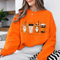 Fall Coffee Sweatshirt and T-Shirt, Pumpkin Spice Ghost Graphic Tee, Autumn Leaves Coffee Shirt, Cute Halloween Coffee Lover Shirt, Cozy Fall Season Gift for Women