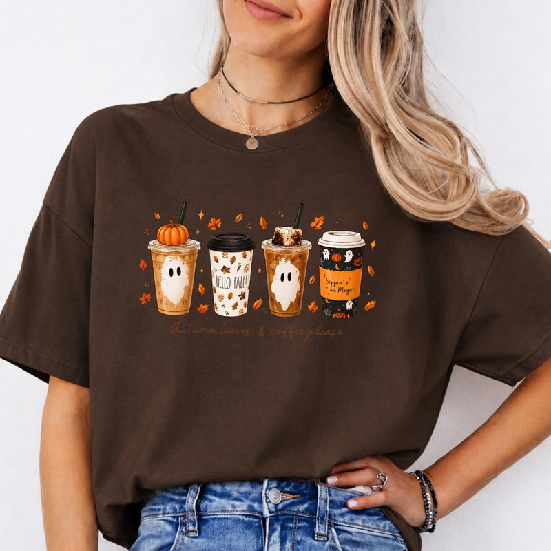 Fall Coffee Sweatshirt and T-Shirt, Pumpkin Spice Ghost Graphic Tee, Autumn Leaves Coffee Shirt, Cute Halloween Coffee Lover Shirt, Cozy Fall Season Gift for Women